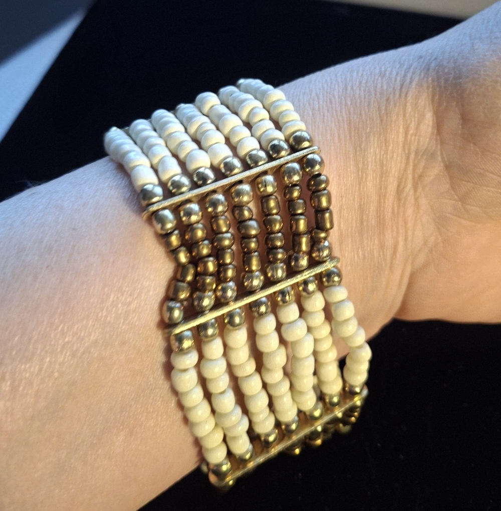 Vintage White and Gold Multi-Row Beaded Bracelet